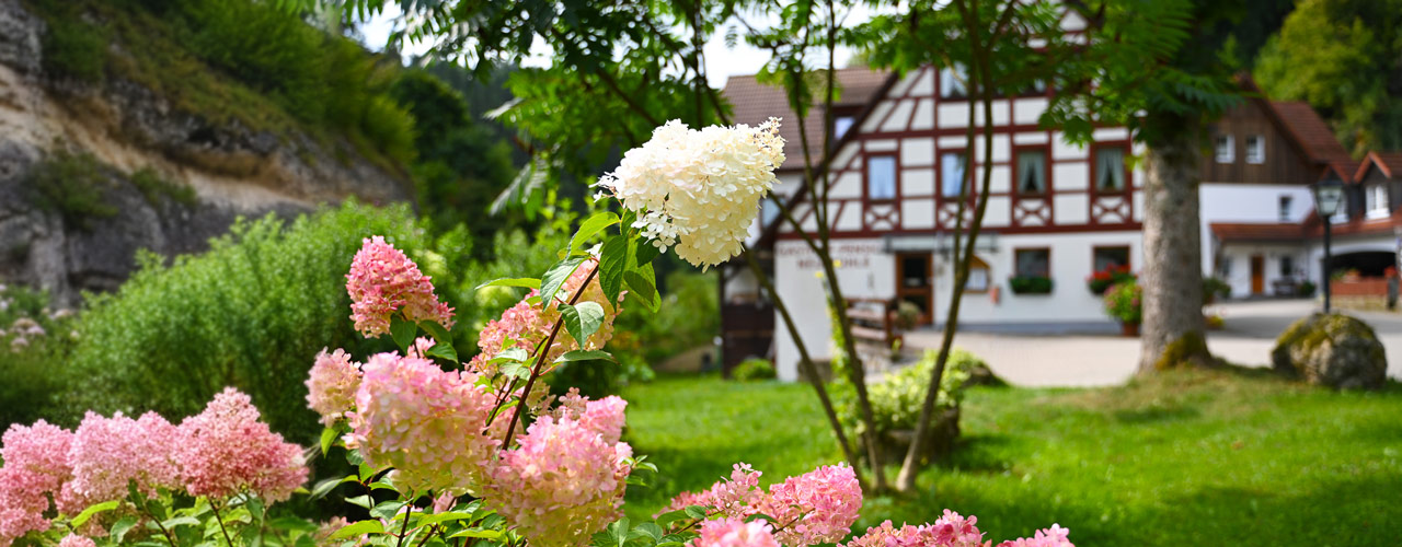 Gasthof Neumühle Außenansicht mit Flieder im Vordergrund